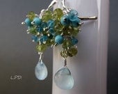 Cluster Earrings, Green Peridot, Neon Blue Apatite, Aqua Blue Chalcedony, Turquoise, Wire Wrapped In Sterling Silver.