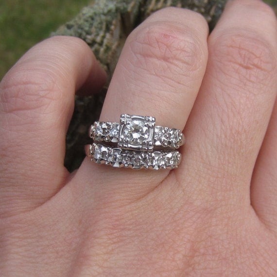 Vintage 1940s White Gold. Diamond. Engagement Ring. Wedding Band. Ships from US. Addy on Etsy.