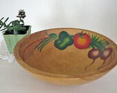 Vintage wood serving bowl, hand painted wood bowl, salad bowl