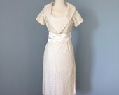 Vintage Eyelet Dress...Cream Colored Cotton 1950's Eyelet Lace Cocktail Dress with Satin Cumberbund Style Sash Wedding Dress