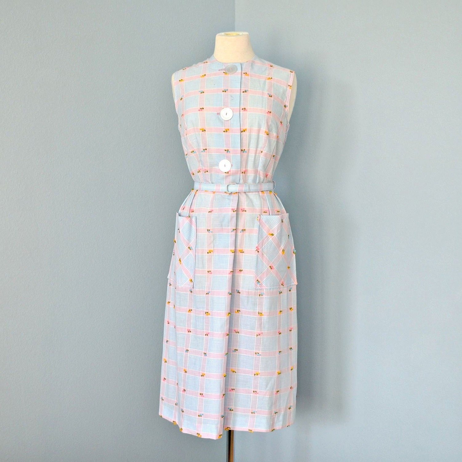 Vintage Pastel Day Dress...Darling 1960s Cotton Pale Blue and Pink Summer Day Dress Plus Size