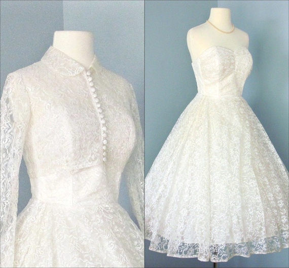 Vintage Tea Length Wedding Dress...Beautiful Creamy White 1950s Lace Tea Length Wedding Dress with Cropped Jacket XS