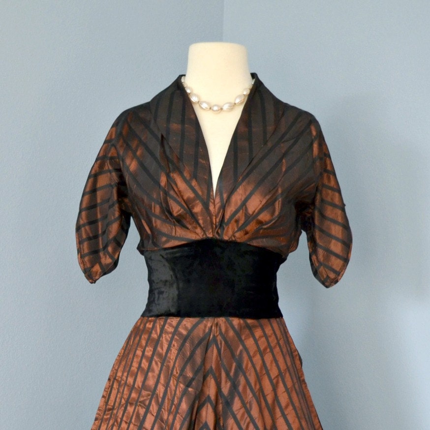Vintage Taffeta Party Dress...Beautiful 1950s Brown Taffeta Ankle Length Party Dress Cocktail Dress