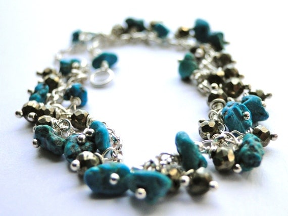 Autumn, Raw Turquoise, Pyrite Gemstone and Sterling Silver Bracelet, BOHO CHIC Jewelry, Gift for Her
