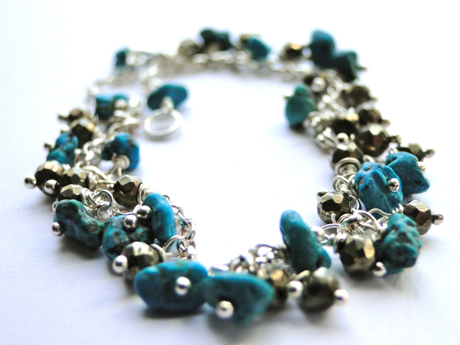 Autumn, Raw Turquoise, Pyrite Gemstone and Sterling Silver Bracelet, BOHO CHIC Jewelry, Gift for Her