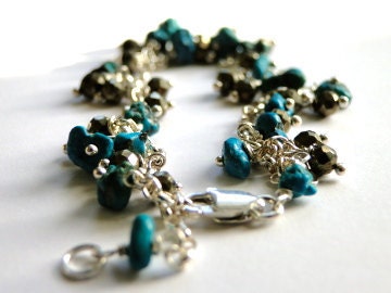 Autumn, Raw Turquoise, Pyrite Gemstone and Sterling Silver Bracelet, BOHO CHIC Jewelry, Gift for Her