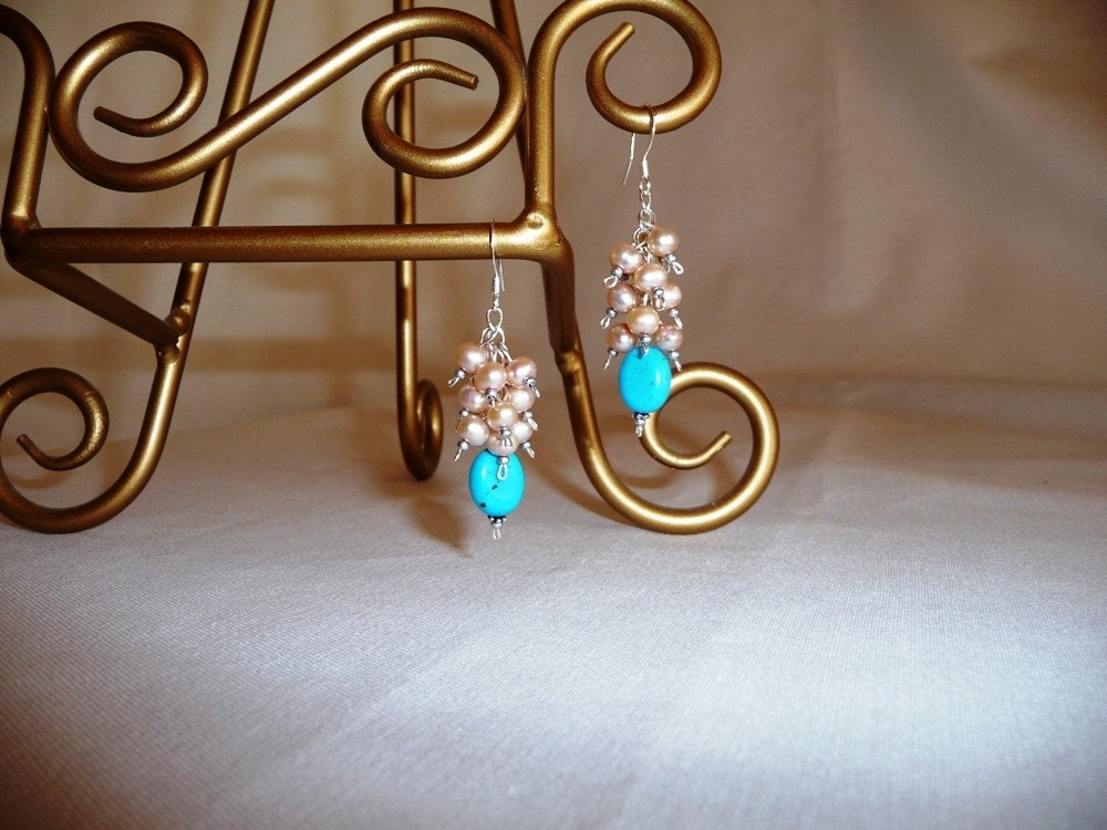 Beautiful Pearl Cluster and Turquoise Earrings