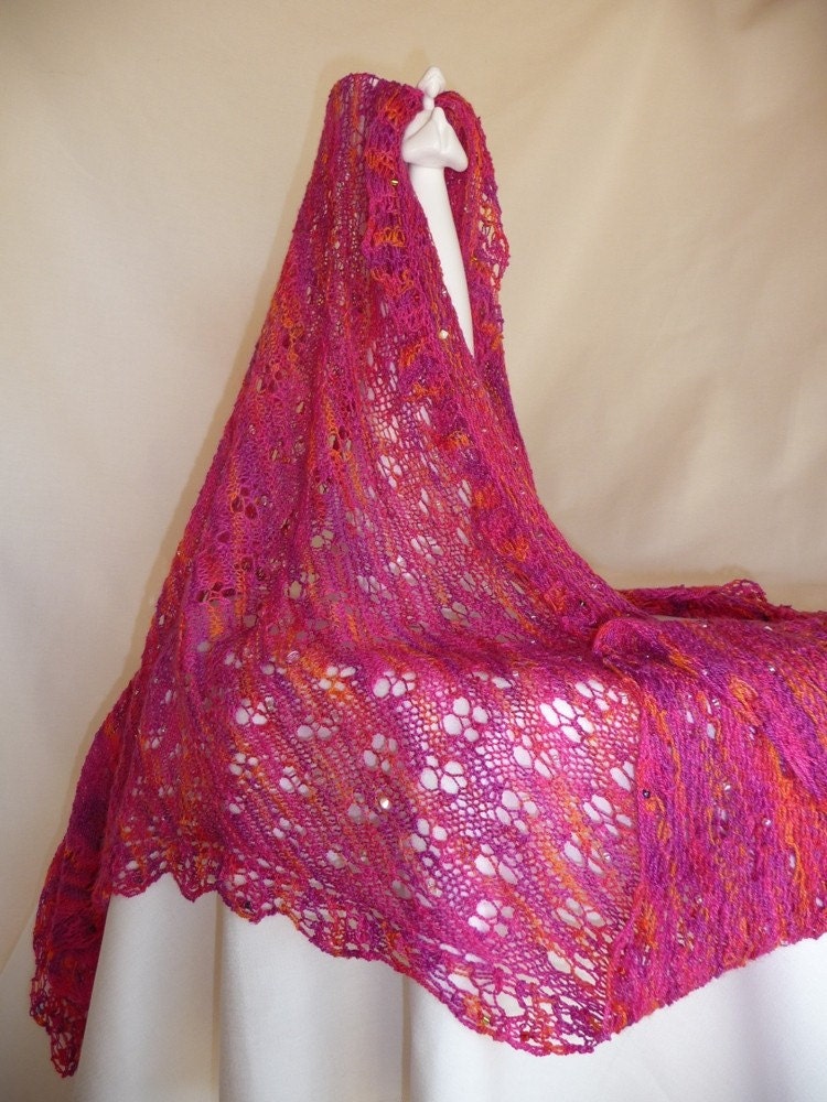 Beautiful Delicate Lace Knit Beaded Fuschia and Orange Triangle Shawl or Scarf