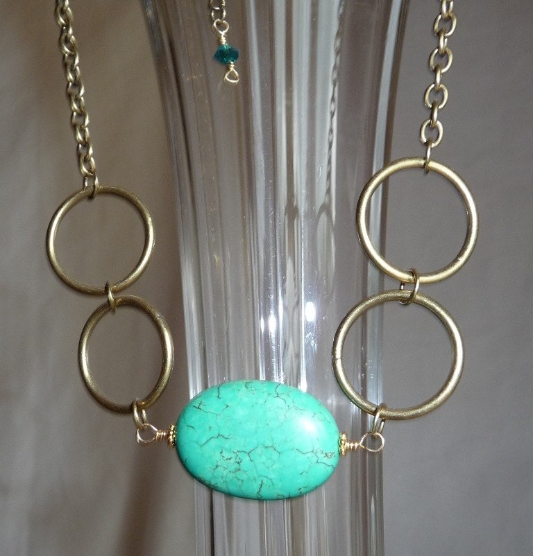 Best of Etsy Large Oval Turquoise Manganese Centerpiece on Gold Plated Circle and Chain Necklace