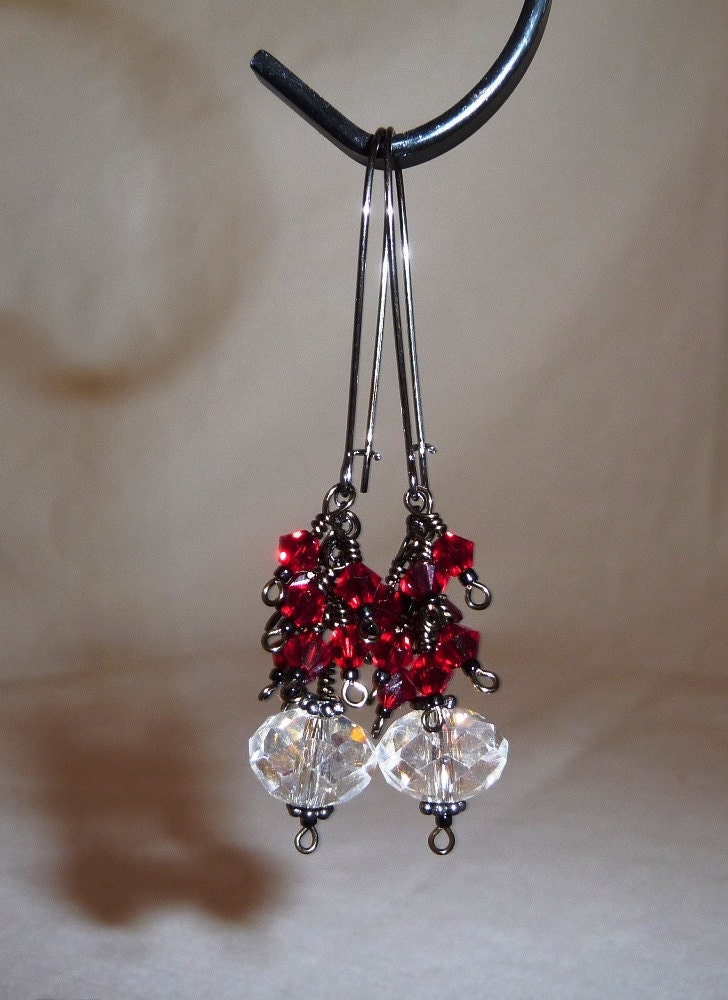 Oh So Sexy Tiny Siam Red Dangle Earrings with Swarovksi Red and Clear Crystals in Gunmetal