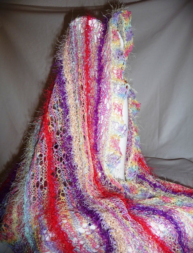 Beautiful Delicate Fine Lace Knit Shawl with Purple, Yellow, Red, Orange, Blue, Green Rainbow Colors Shawl Elegant Evening Day Wear