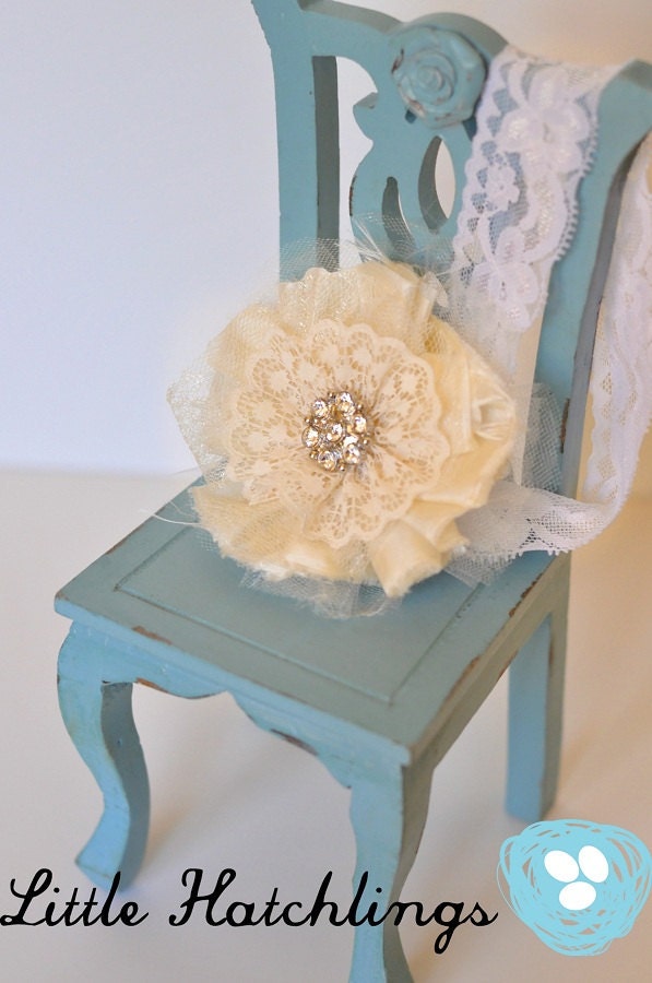 Vintage cream off white flower headband hairband hair clip girls infant toddlers baby wedding