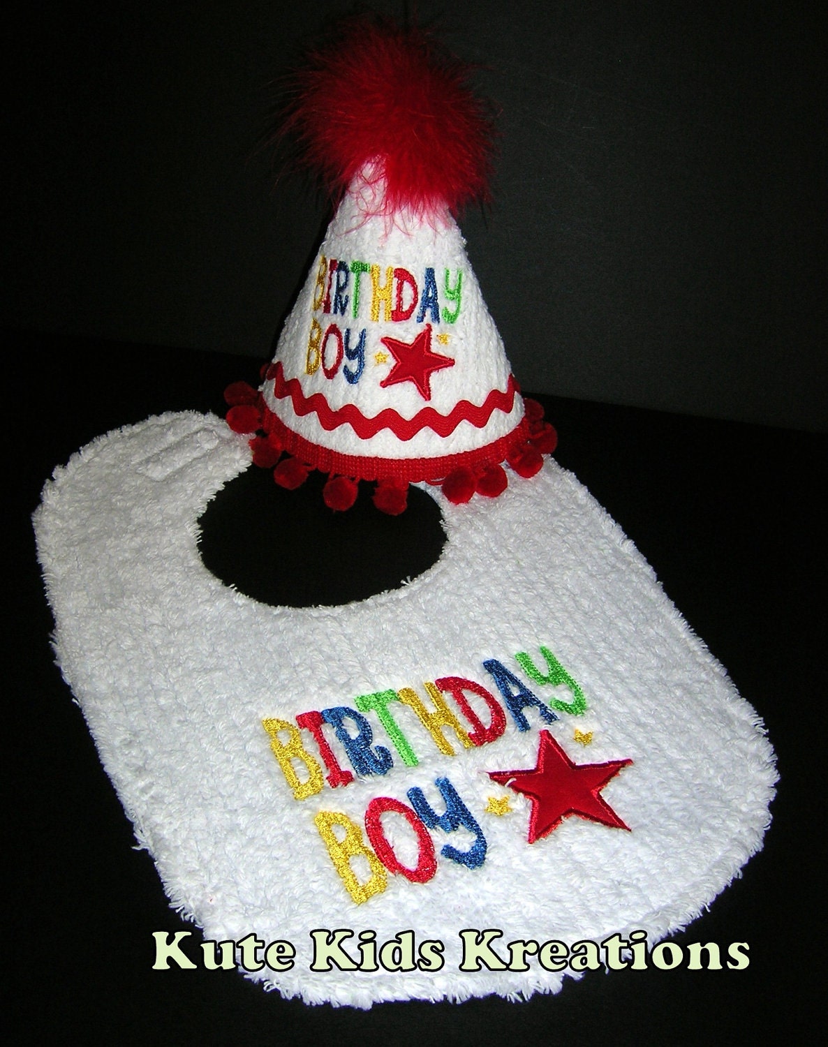 BIRTHDAY BOY Bib and Hat Set, Embroidered "Birthday Boy" and Star Applique, Ready to Ship