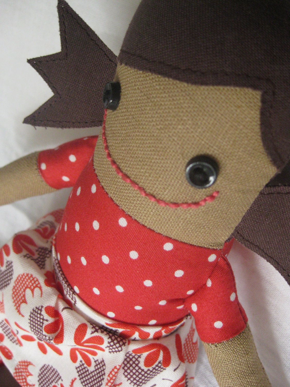 Thoughtful Thomasina - Handmade Doll in red spots