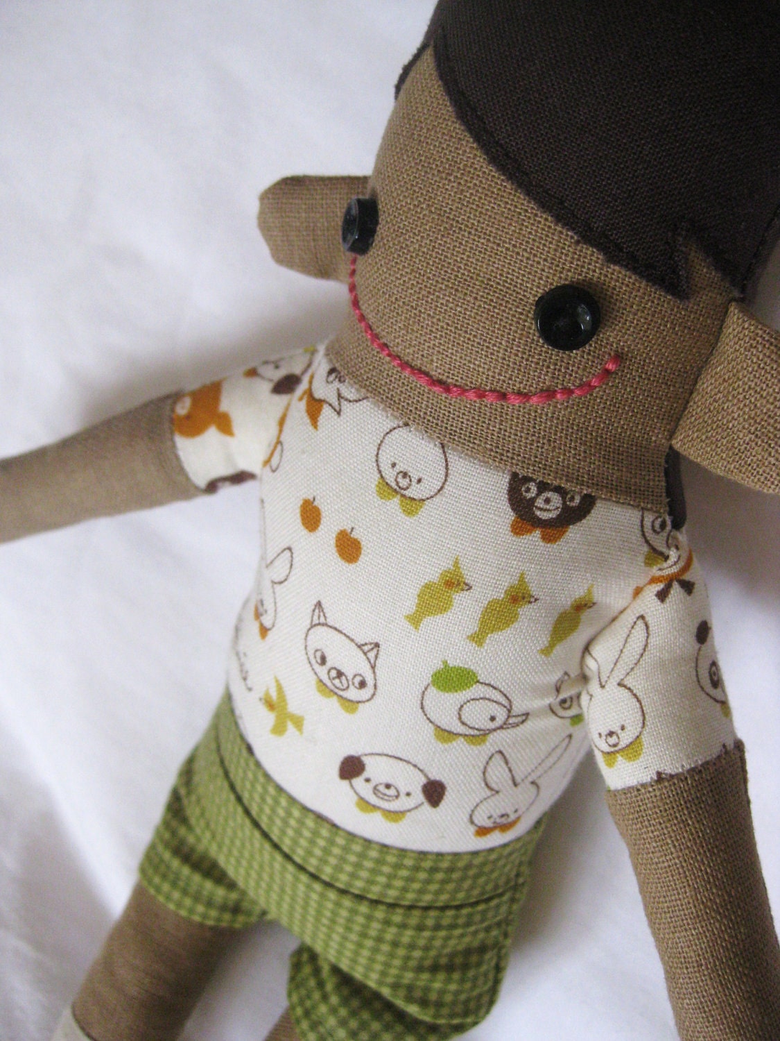 Optimistic Oscar - Handmade Boy Doll in Olive Green and Woodland print