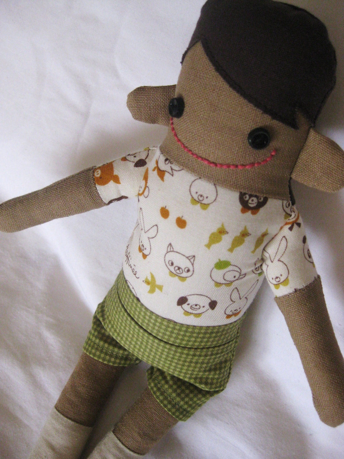 Optimistic Oscar - Handmade Boy Doll in Olive Green and Woodland print