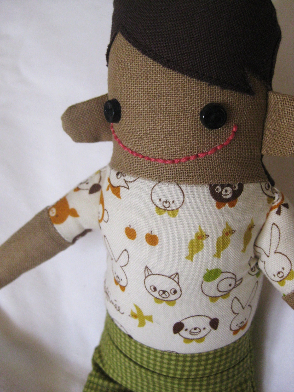 Optimistic Oscar - Handmade Boy Doll in Olive Green and Woodland print