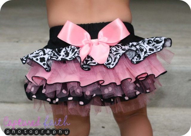 GIRLS Damask Light Pink Dot w/FLUFF option Ruffled Bottom Bloomer 2t, 3t, 4t