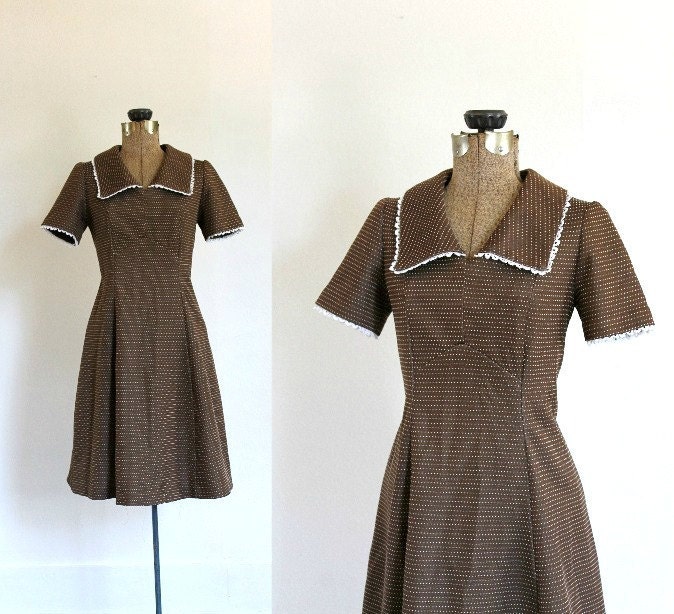 vintage 1960s mini dress 60s dark brown swiss dot dolly mini dress with oversized collar and lace trim / paper doll