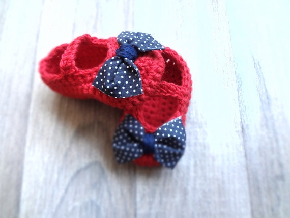 Nautical Red with Navy white Polka Dot Bow Tie Baby Girl Booties