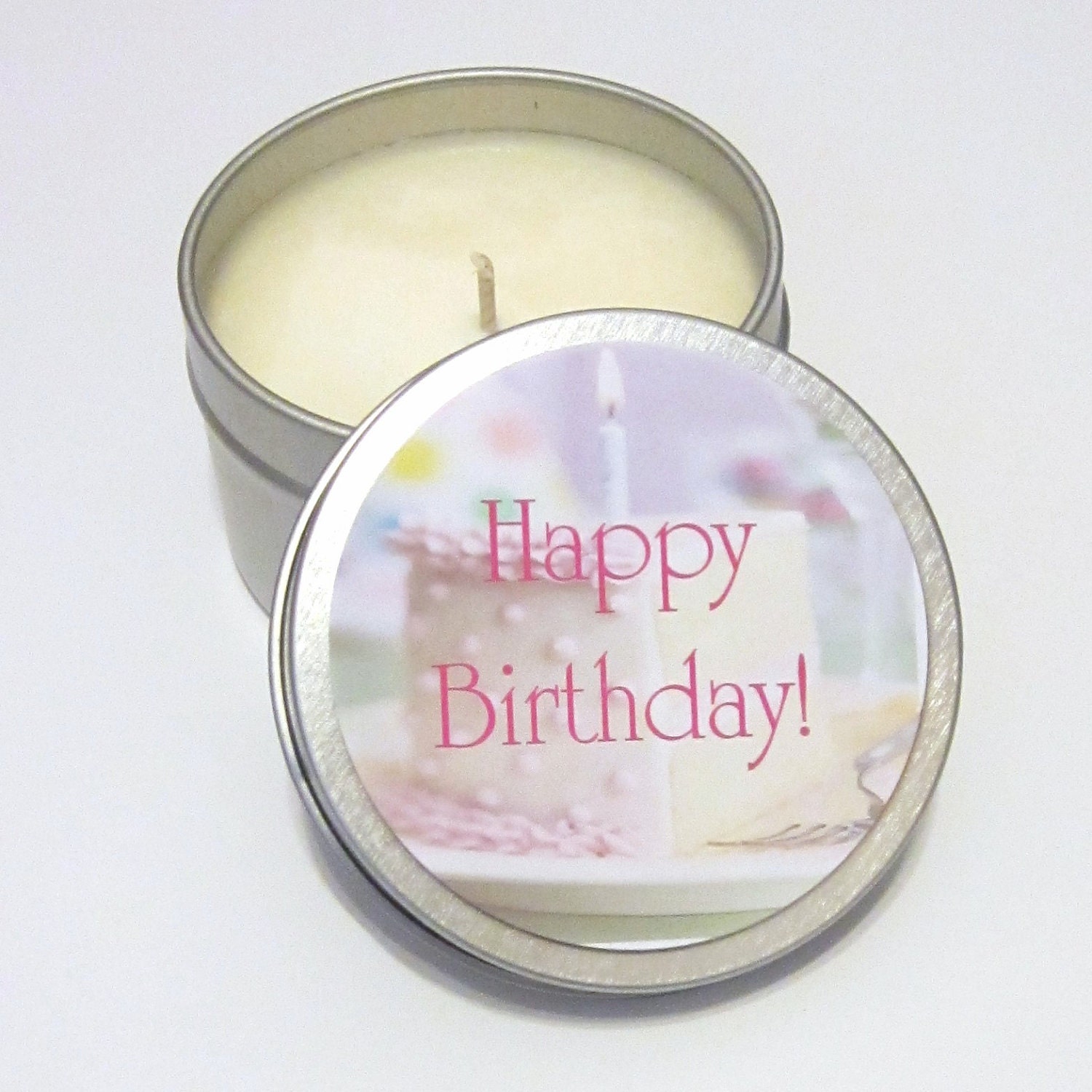 Personalized Birthday Greeting Scented Soy Candles 6 oz. Travel Tin