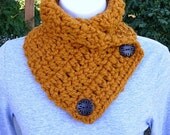 NECK WARMER Cowl SCARF..Butterscotch, Dark Orange Yellow Gold..Lamb's Wool & Acrylic Blend..Wood Buttons..Winter Crochet Knit..Ready to Ship