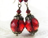 Carmine Red Earrings 14K Gold Fill Scarlet Red Czech Glass Dangle Drop Earrings Antique Brass - DorotaJewelry