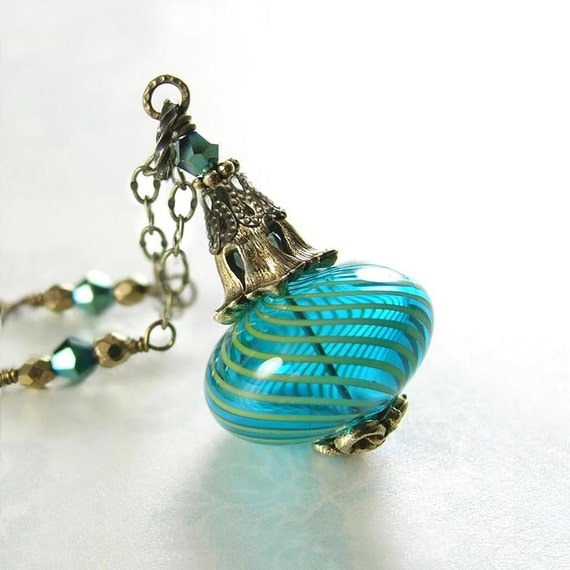 Blue Necklace Hand Blown Teal Aqua Blue Glass Pendant Necklace Antique Gold Necklace Vintage Blue