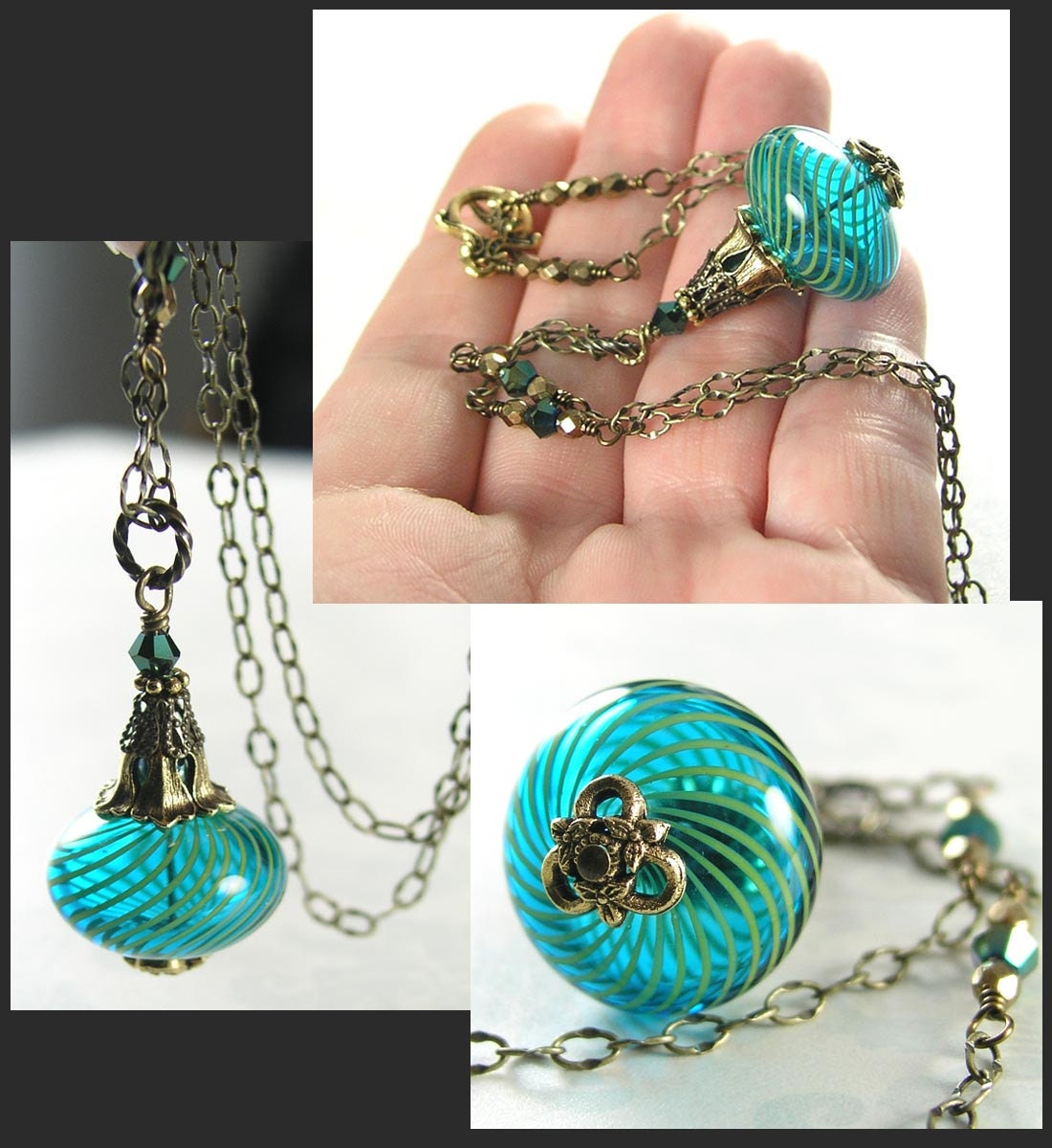 Blue Necklace Hand Blown Teal Aqua Blue Glass Pendant Necklace Antique Gold Necklace Vintage Blue