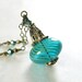 Blue Necklace Hand Blown Teal Aqua Blue Glass Pendant Necklace Antique Gold Necklace Vintage Blue