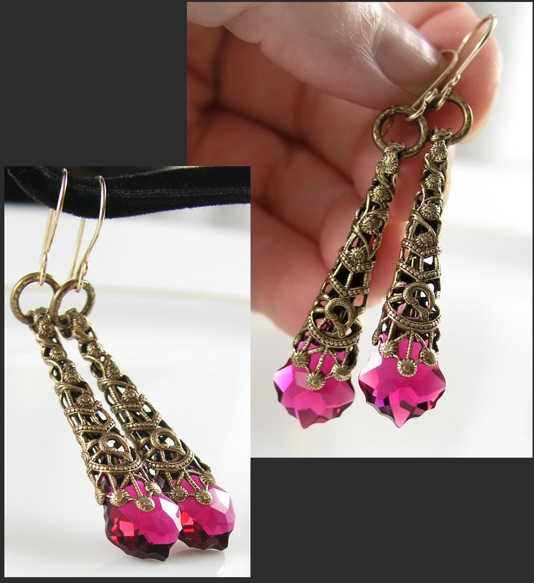 Ruby Earrings Swarovski Ruby Pink Crystal Earrings Victorian Filigree Antique Brass Earrings Raspberry Fuchsia