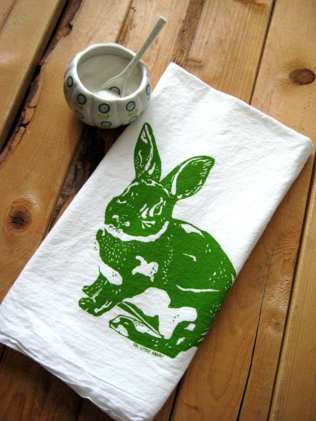 Screen Printed Organic Cotton Rabbit Flour Sack Tea Towel - Eco Friendly Kitchen Towel - Easter Bunny
