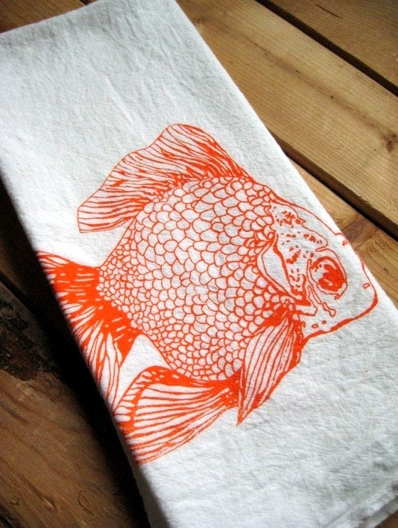 Screen Printed Organic Cotton Goldfish Flour Sack Tea Towel - Awesome Kitchen Towel for Dishes