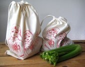 Set of 2 - Screen Printed Reusable Produce Bags - Eco Friendly Cotton - Russian Nesting Dolls - All Natural
