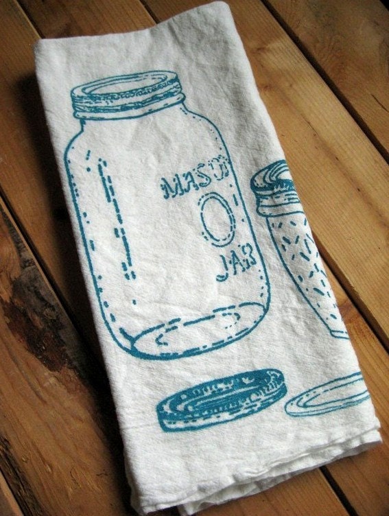 Tea Towel - Screen Printed Organic Cotton Mason Jar Flour Sack Towel - Soft and Absorbent - Awesome Kitchen Towel for Dishes