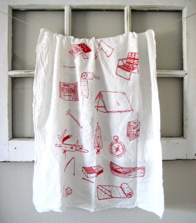 Tea Towel - Hand Printed Organic Cotton Camping Equipment Flour Sack Towel - Awesome Kitchen Towel for Dishes