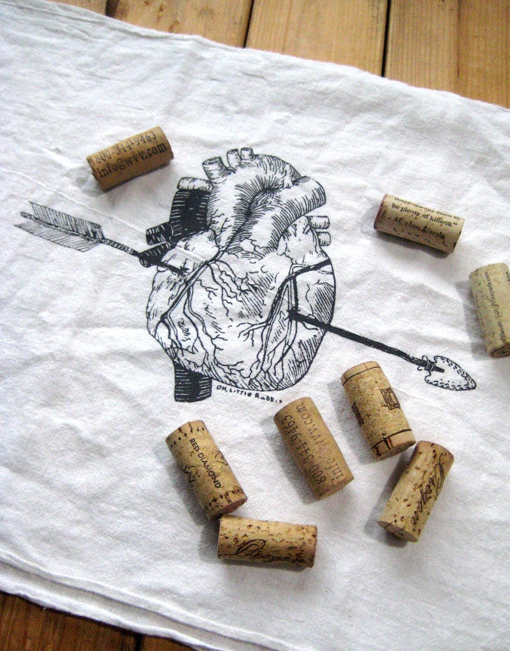 Screen Printed Organic Cotton Anatomically Correct Heart Flour Sack Towel - Valentines Day Tea Towel