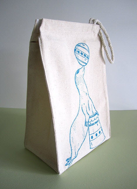 Screen Printed Recycled Cotton Lunch Bag - Reusable and Washable - Eco Friendly and Awesome - Vintage Circus Side Show - Seal