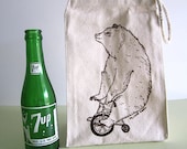 Screen Printed Recycled Cotton Lunch Bag - Reusable and Washable - Eco Friendly and Awesome - Circus Side Show - Bear and Bike Illustration