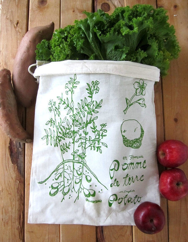 Set of 2 - Screen Printed Natural Cotton Reusable Produce Bags - Eco Friendly - Botanical Potato Illustration