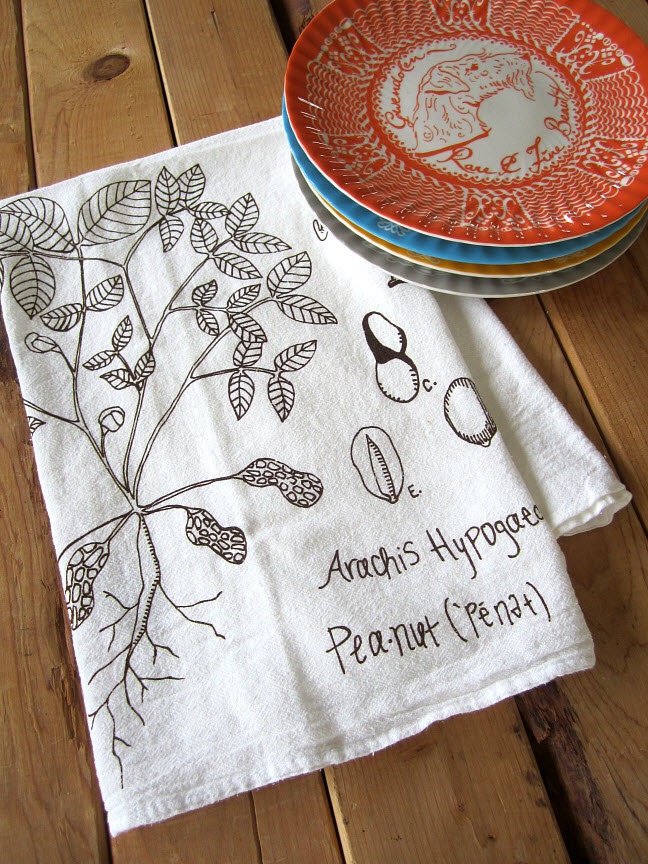 Screen Printed Organic Cotton Flour Sack Towel -  Botanical Style Peanut Plant Illustration - Eco Friendly Tea Towel for Every Day