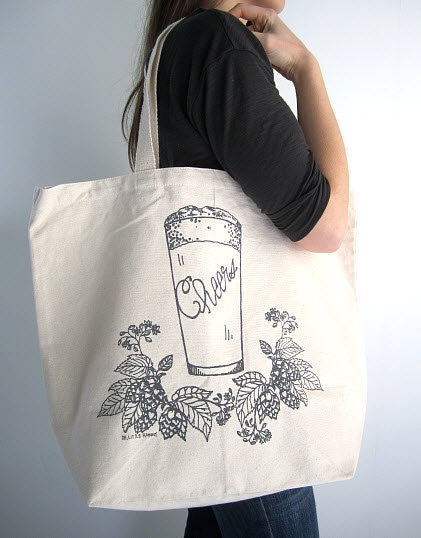 Screen Printed Recycled Cotton Canvas Tote Bag - Eco Friendly Grocery Bag Shopper Tote - Reusable and Washable - Craft Brew Illustration