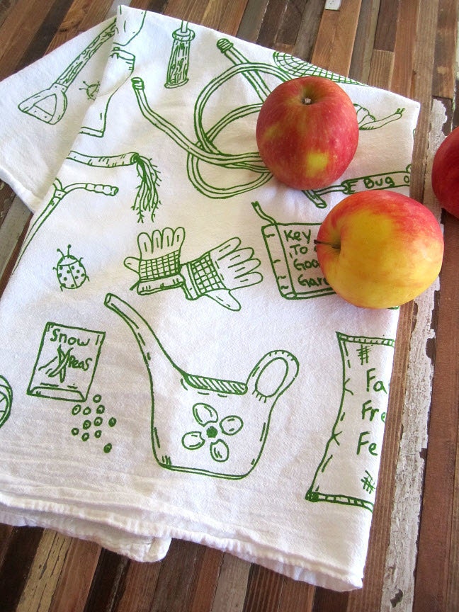 Screen Printed Organic Cotton Kitchen Flour Sack Tea Towel - Eco Friendly and Awesome dish towel - Green Thumb Gardening Tools Illustration