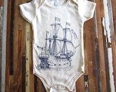Organic Cotton Onesie - Screen Printed American Apparel Baby Onesie - Vintage Ship Illustration- Eco Friendly - Nautical (You pick size)