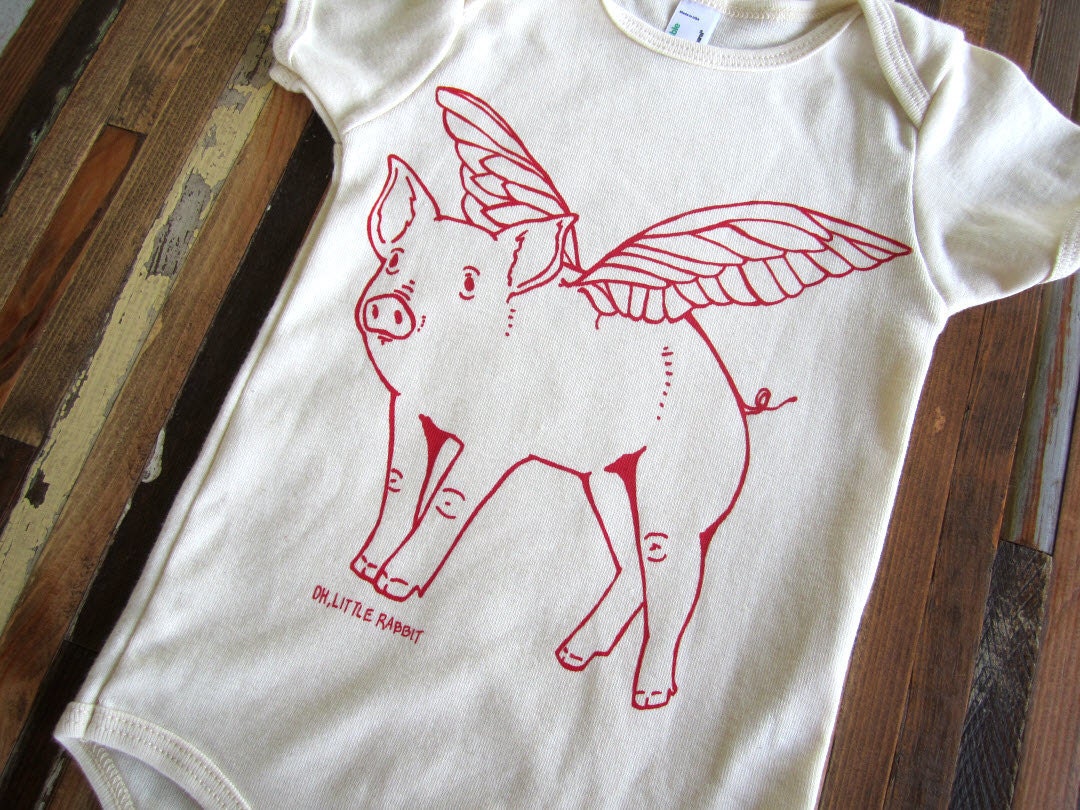 Organic Cotton Onesie - Hand Screen Printed American Apparel Baby Onesie - When Pigs Fly One Piece - Eco Friendly (You pick size)