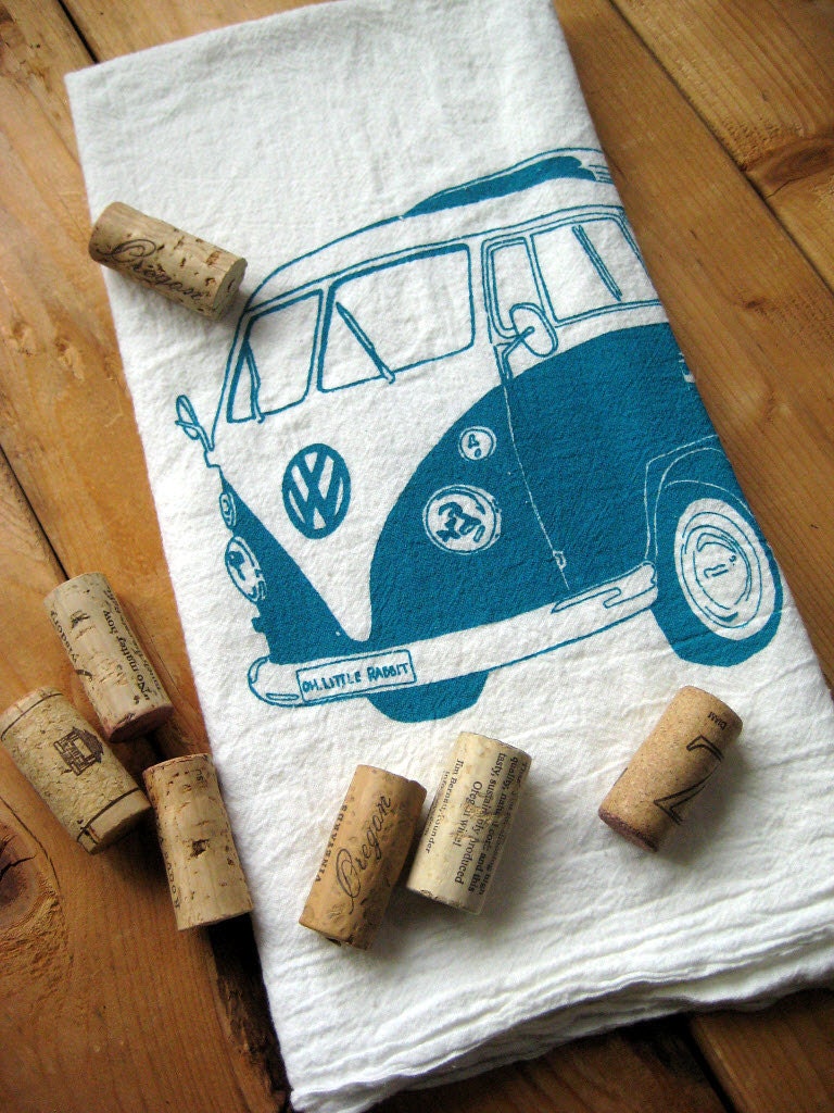 Screen Printed Organic Cotton VW Flour Sack Tea Towel - Soft and Absorbent Dish Towel