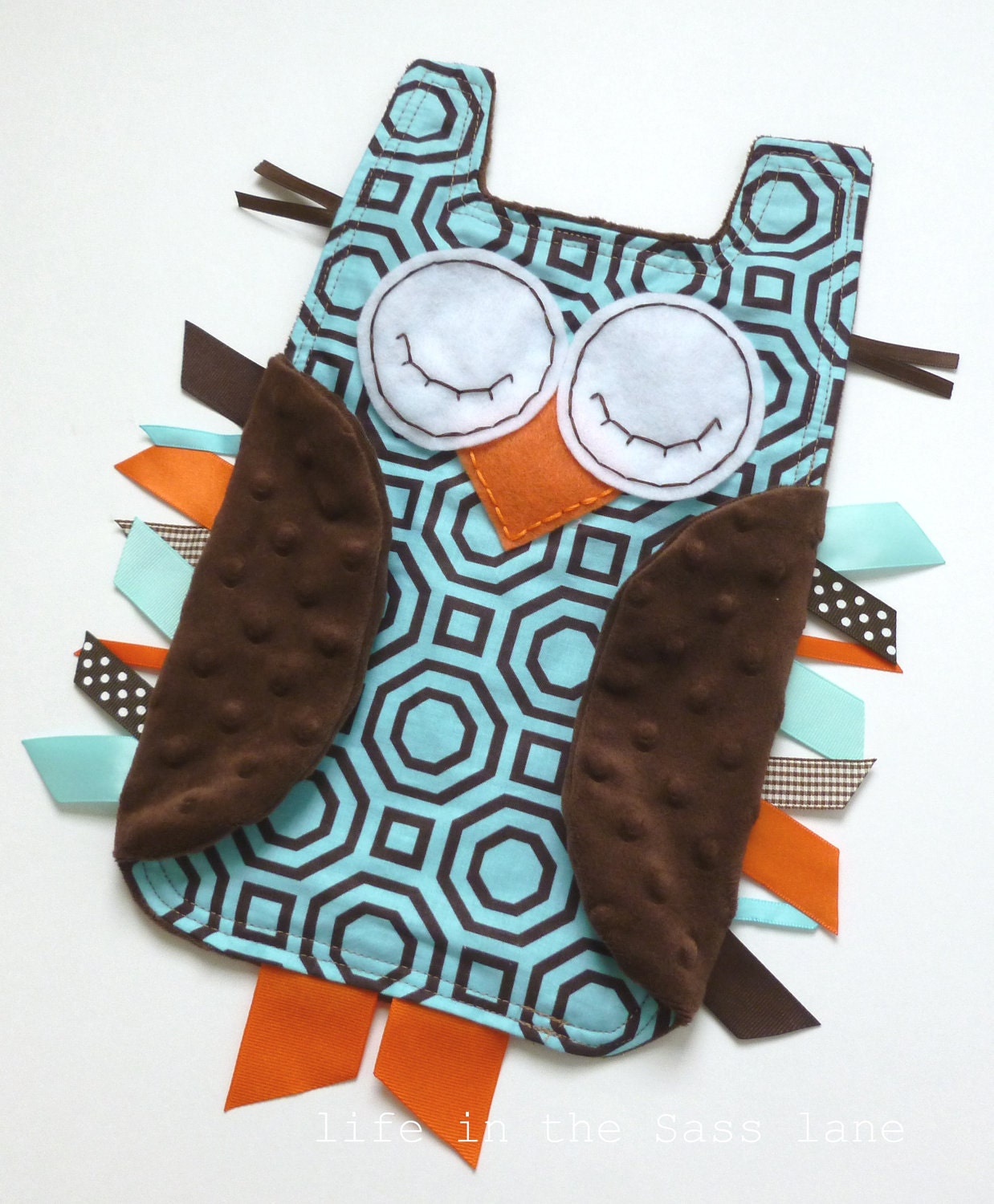 Alexander Henry Hollywood OWL Baby Blanket Blue, Orange and Chocolate Brown Minky Ribbon Tag Blankie Lovey Lovie Baby Gift