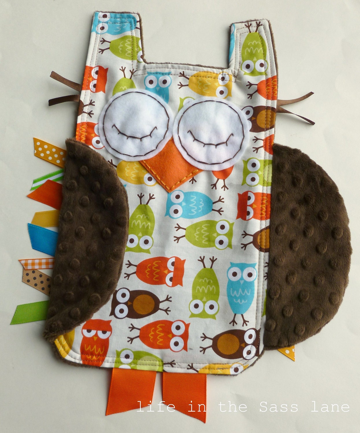 Urban Zoologie Owls Ribbon Tag Baby Blanket and Chocolate Brown Minky Blankie Lovey Lovie Baby Gift