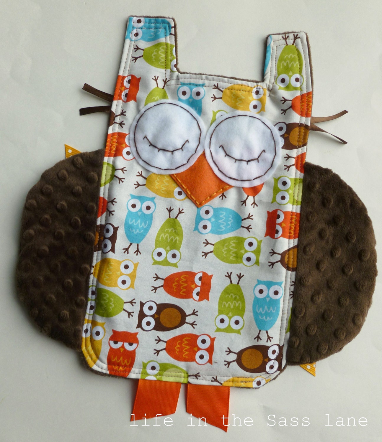 Urban Zoologie Owls Ribbon Tag Baby Blanket and Chocolate Brown Minky Blankie Lovey Lovie Baby Gift