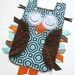 Alexander Henry Hollywood OWL Baby Blanket Blue, Orange and Chocolate Brown Minky Ribbon Tag Blankie Lovey Lovie Baby Gift